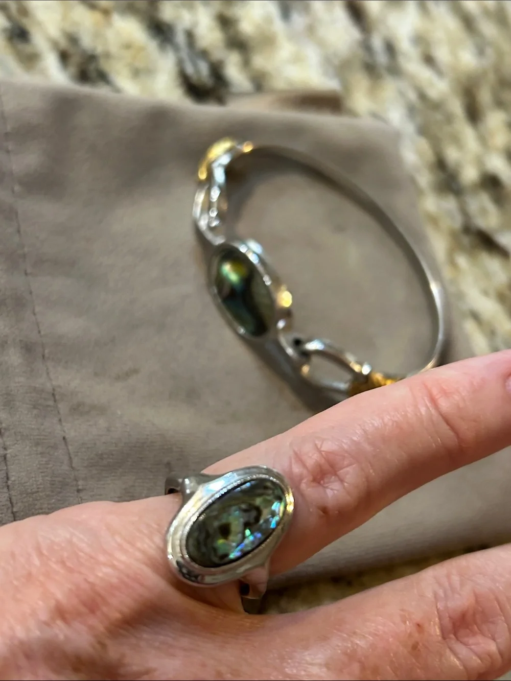Vintage Avon SilverTone Abalone Bracelet & Matching Ring Iridescent Green/Purple